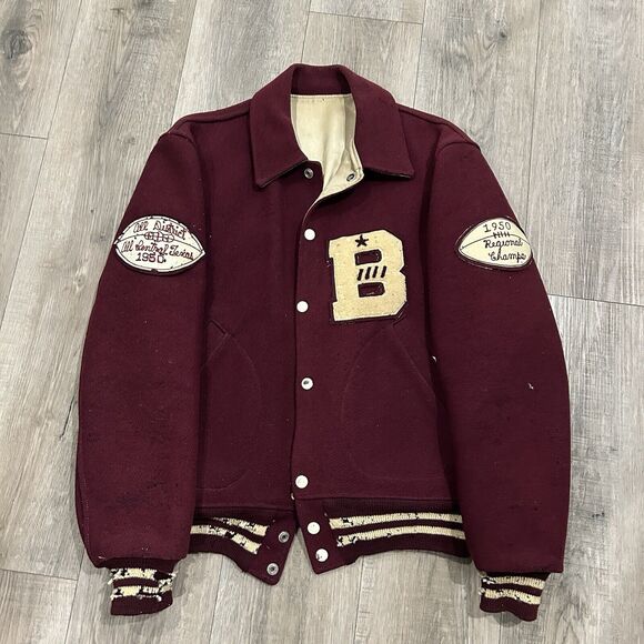 Vintage 1940s Letterman Jacket Mens 40 Maroon Wool Distressed Satin Lined Texas